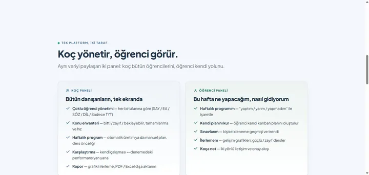 Koçum Benim — Koç ve öğrenci, aynı veri iki panelde